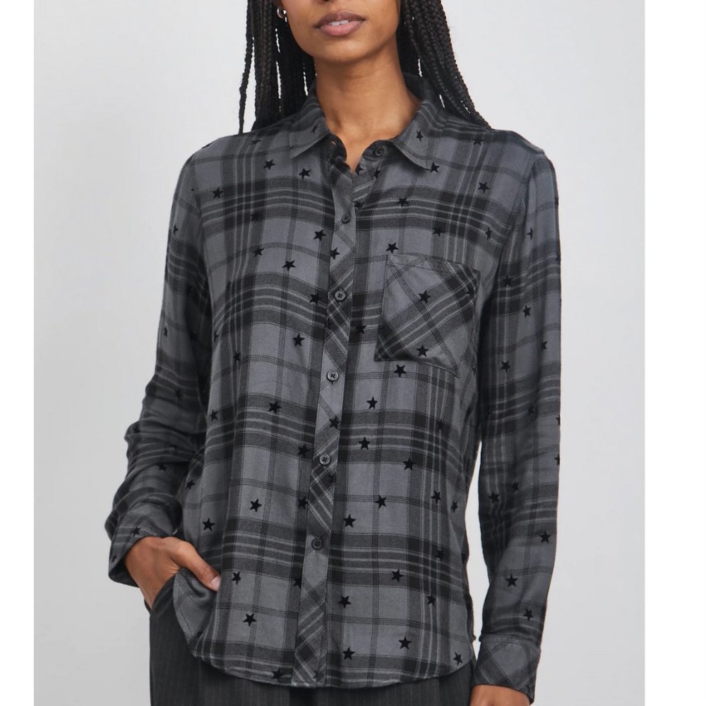Rails Gray Plaid Button-Down Shirt with Black Star Print